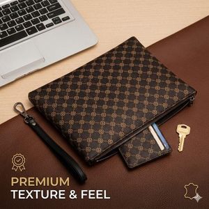 Luxurious Men’s Signature Pattern Wristlet Clutch Bag Professional Business Handbag with Detachable Leather Strap Premium Multi-Functional Organizer for Modern Professionals Sophisticated Brown Geometric Chain Design Pouch High-Capacity Wallet