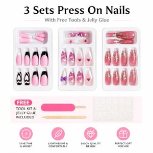 3-Pack Stylish Press-On Nails Set with Free Nail Tool Kit – Reusable, 1-Minute Application, Long-Lasting & Trendy Designs