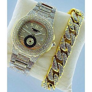 Stone Iced Men's Wristwatch With Hand Chain-Gold