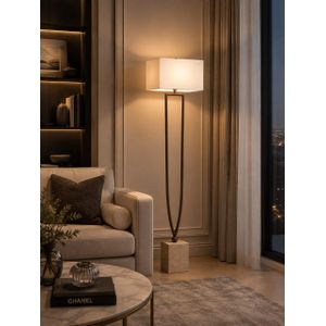 Modern Sculptural Bronze & Travertine Floor Lamp (with Rectangular Fabric Shade) with free bulb