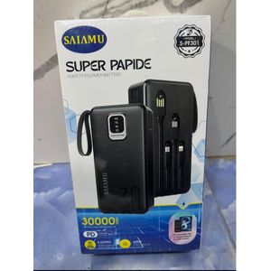 New Age SAIAMU 30,000mAh Power Bank With 4 Built-In Cables & Digital Display - Built in Type-C, iPhone ( Lightning), Android ( Micro ) & USB Cable, With 22.5w Power Delivery Output Capacity.  Type C Input and Output Port & Double USB Output Port.