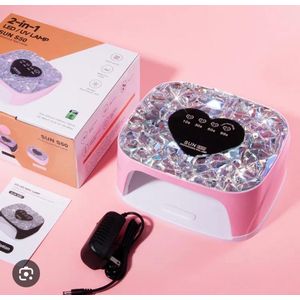 SUN S50 2-in-1 LED/UV Nail Lamp box featuring a pink and rhinestone-embellished cordless nail curing device