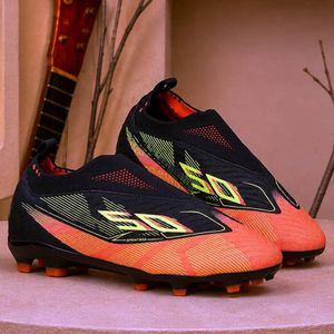 Men's Firm Ground Outdoor Football Boots - Black, Orange & Neon Yellow Laceless Cleats