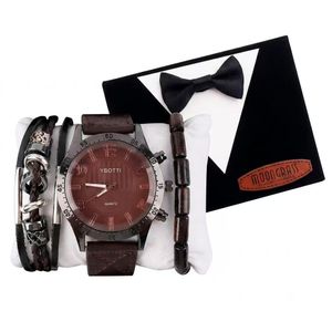 Men's Brown Watch & Leather Bracelet 3-Piece Set