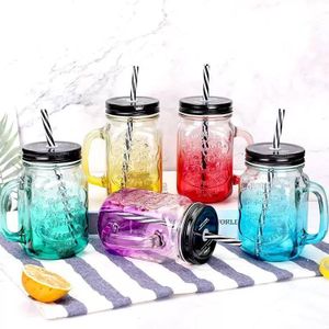 Nova Colorful Glass Mason Jar Mugs with Lids and Straws