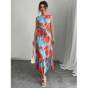 Women's Blue Red Floral Print Sleeveless Belted Ruffle Hem Maxi Dress