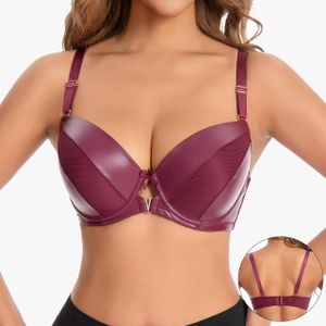 Binnys Fascinating PU Leather No Shifting Wire Deep V-Neck Cutout metal decorative Adjustable Strap Stage Performances Bras