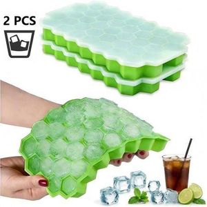 2-Pack Green Food-Grade Silicone Ice Cube Tray - 37-Compartment Hexagon Honeycomb Easy Release Mold for Drinks
