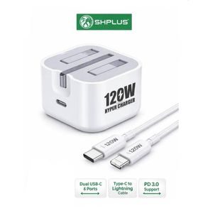 SHPLUS 120W Fast Charger for iPhone 14 Pro Max – Foldable White Wall Plug + Free Type-C to iOS Cable