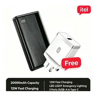 itel PowerPulse 20000mAh Power-Bank 2W Fast Charging Power Bank With LED Flashlight & Digital Display B1160 Free charger