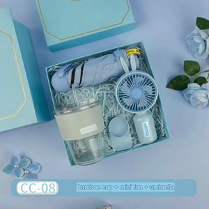 Premium 3-in-1 Gift Box Set – Mini Hand Fan, Foldable Umbrella & Glass Cup With Straw+Carrier bag 