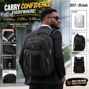 Premium 20-inch backpack with anti-theft lock, USB charging port, and spacious compartments