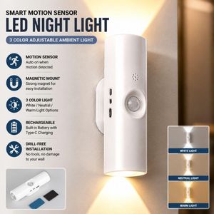 Smart Motion Sensor LED Night Light with Magnetic Mount, 3 Color Adjustable Ambient Wall Lamp, Drill-Free Rechargeable Light for Bedroom, Hallway and Cabinet