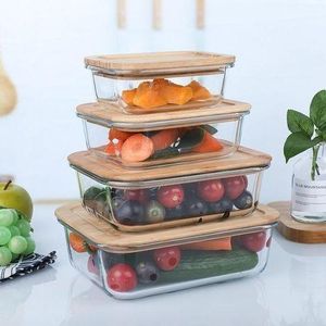 Glass Food Storage Containers with Wooden Lids -Set of 4 Pcs