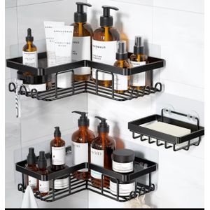 Clo Corner Adhesive Shower Caddy, with Soap Holder And 12 Hooks, Rustproof Stainless Steel Bathroom Organizer, No Drilling Wall Mounted Rack, Black, 3-Pack
