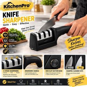 Professional KitchenPro 3-Stage Manual Knife Sharpener – Tungsten Steel Coarse, Fine & Polish Slots with Non-Slip Base (Black)