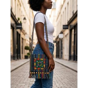 Bags For Less Ethnic Embroidered Boho Crossbody Shoulder Bag with Tassel