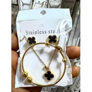 Steel Luxury Stainless Black Four-Leaf Clover Necklace, Bangle & Earrings Set - Gold