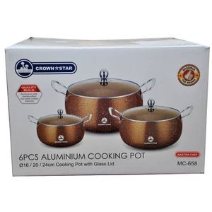 Fatima - 6 pieces crown star aluminium cooking pots. Size: large