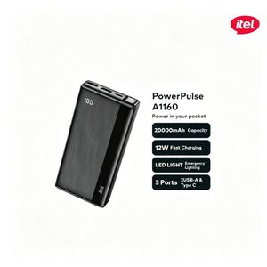 itel 20000mAh Power Bank, 12W Type-C, 3-Port Output, LED Flashlight