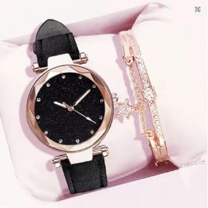2PC Black Leather Wrist Watch for Women with Bracelet, Gift for ladies