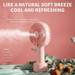 Portable Handheld Misting Fan Rechargeable Mini Fan With Water Spray 3 Speed 7 Blade Cooling Fan USB Fan With Desktop Base, Pink