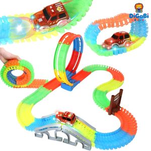 Digabi Dark Race Tracks for Kids- Speedway Race Car Track Set with 120pk Flexible Roads, 2 Light Up Toy Cars, Bridges, Ramps, Play Set STEM Building Toys for Boys and Girls