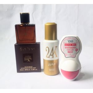 Perfume Combo  3 in 1 of Oud Torch EDP 25ml brown, 24kWhite Body Spray 100ml and Tag White Roll On 50ml (Unisex Use)  NAFDAC NUMBER:  Oud EDP : A2-6497,  24kwhite spray: A2-104376L,  Tag roll on: A2-105061