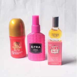 Perfume Gift Set Combo 3 in 1 of Passport Roll On 50ml, Xtra Amber Pink Body Spray 50ml and Mako Pink Berries Oil Perf 5ml (Unisex Daily Handy Use), NAFDAC Number:  Roll On: 02-8926, Spray: A2-102698,  EDP: A2-105056