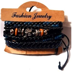 Woven Leather Men's Bracelet Multi-Layer 4in1 Set Black