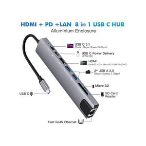 USB-C to HDTV 8-in-1 Hub – 4K HDMI, USB 3.0, SD/TF, RJ45 & PD Charging