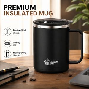 Black Double Wall Insulated Mug With Lid Coffee Cup Travel Tea Cup With Handle For Office Outdoor