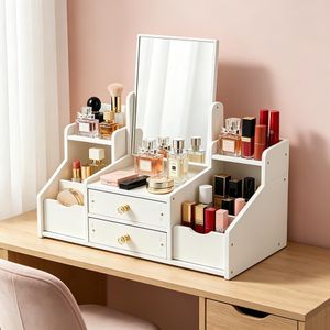 Makeup Organizer with 360° Rotating Mirror, Multi-Compartment Cosmetic Storage Box with Drawers