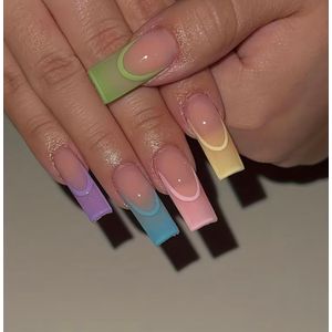 24pcs Long Coffin Glossy Multi-Colour French Style Full Cover Press-On Nails with Tool Kit, Reusable, for Women