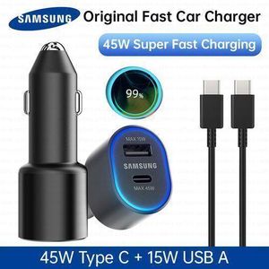 Samsung Original Fast Car Charger – 45W Super Fast Charging (Type-C + USB-A) + 15W USB A Pd Power Adapter