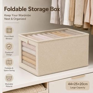 Foldable Storage Box with Front Mesh Window & Lid, Dustproof, for Leggings & Shirts Organization in Wardrobe, Washable Clothes Storage Container