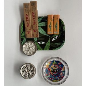 Metal Crusher, 2 Ash Trays, 2 Lighters & 4 Roll Set.