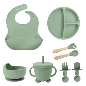 8-Piece Baby Self-Feeding Utensil Set: Includes Suction Bowl, Divided Plate, Bib, Spoon, Straw Sippy Cup, and Self-Feeding Accessories