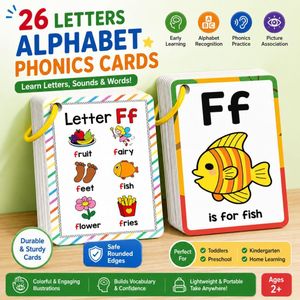 26 Letters Alphabet Flash Cards for Kids, Phonics Learning Cards with Colorful Animal & Word Illustrations, Early Educational Preschool Cognition Cards
