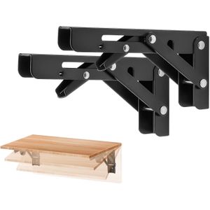 Folding Shelf Brackets – Matte Black, Heavy Duty Collapsible Brackets for Tables and Benches – Space-Saving Design