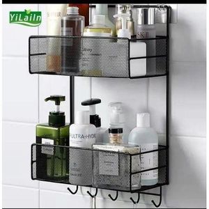 Wall-mounted bathroom organizer shelf.