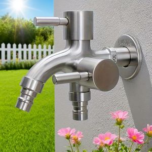 1-piece stainless steel double-head faucet with separate hot and cold controls, rust-proof, suitable for washing machine and garden hose connections.