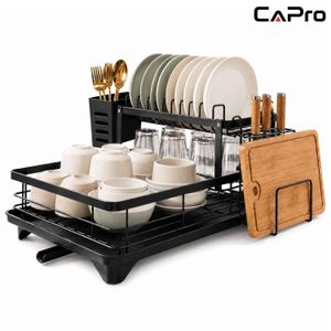 CAPro 2 Tier Dish Rack Dish Drying Rack with Drainboard Cutlery Holder Cutting Board Stand Kitchen Organizer