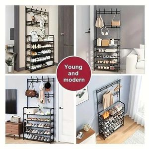 5-Tier Metal Shoe Rack Hat Rack Black Multi-Function Entryway Storage Organizer with Hanger and Hooks