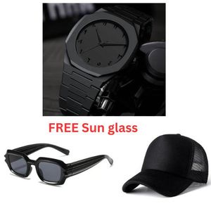 3 in 1 Valenzo Black Luxury Business Wrist Watch for Men + Free Sun Glasses