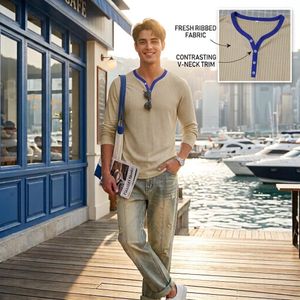 Soft Stretch Comfortable,Men's Long Sleeve Ribbed Henley Shirt with V-Neck Distinctive,Contrast Piping,Casual Base Layer Tee Lightweight Athletic Tee Tops
