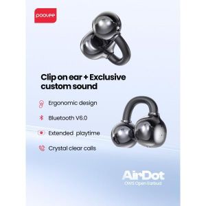 POOLEE AirDot Open-Ear Wireless Earbuds - Bluetooth V6.0, 20H Playtime, Touch Control, HD Calls, Clip-On Sports Headphones - Black