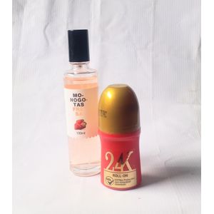 Perfume Gift Set Combo of 2 in 1 of Monogotas Fresa Body Mist Spray 100ml and 24KRed Roll On 50ml (Unisex Comfort), NAFDAC Number: Spray: A2-107115, Roll On: A2-104297L