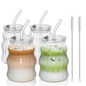1/2/4pcs Glass Tumbler with Lid And Straw, 500Ml Iced Coffee Glasses with Lid, with Straw Cleaning Brush, Ribbed Cups for Smoothies, Matcha, Iced Latte, Cold Brew