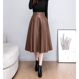 JulyPalette Spring Summer Pleated Leather Skirts Women A-line